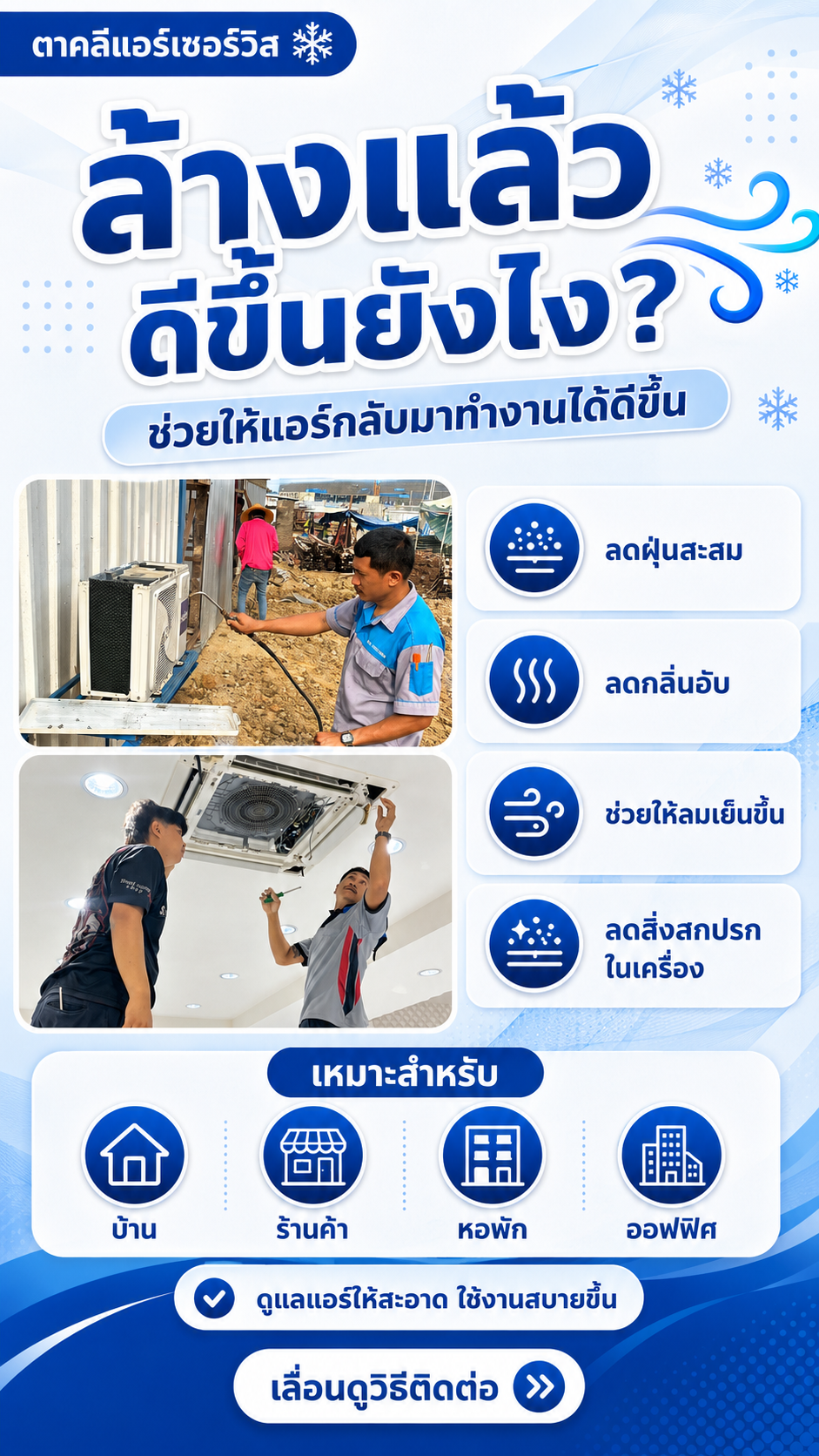 ทีมช่างตาคลีแอร์เซอร์วิสระหว่างเตรียมงานบริการแอร์สำหรับลูกค้า
